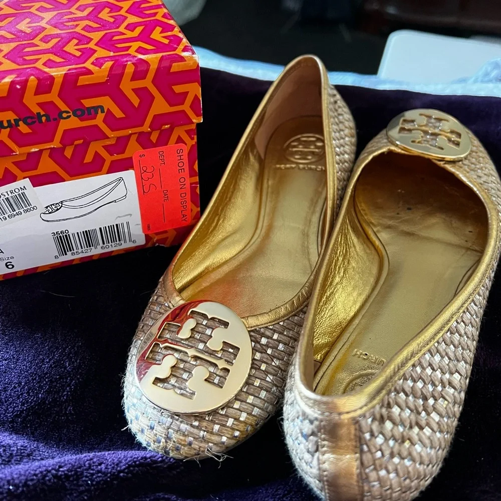 Tory Burch ‘Reva’ Gold Ballerina Flats